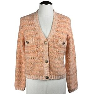 Maje‎ Women's Boucle Knit Cardigan Sweater Jacket Gold Details Peach 1 (Small)
